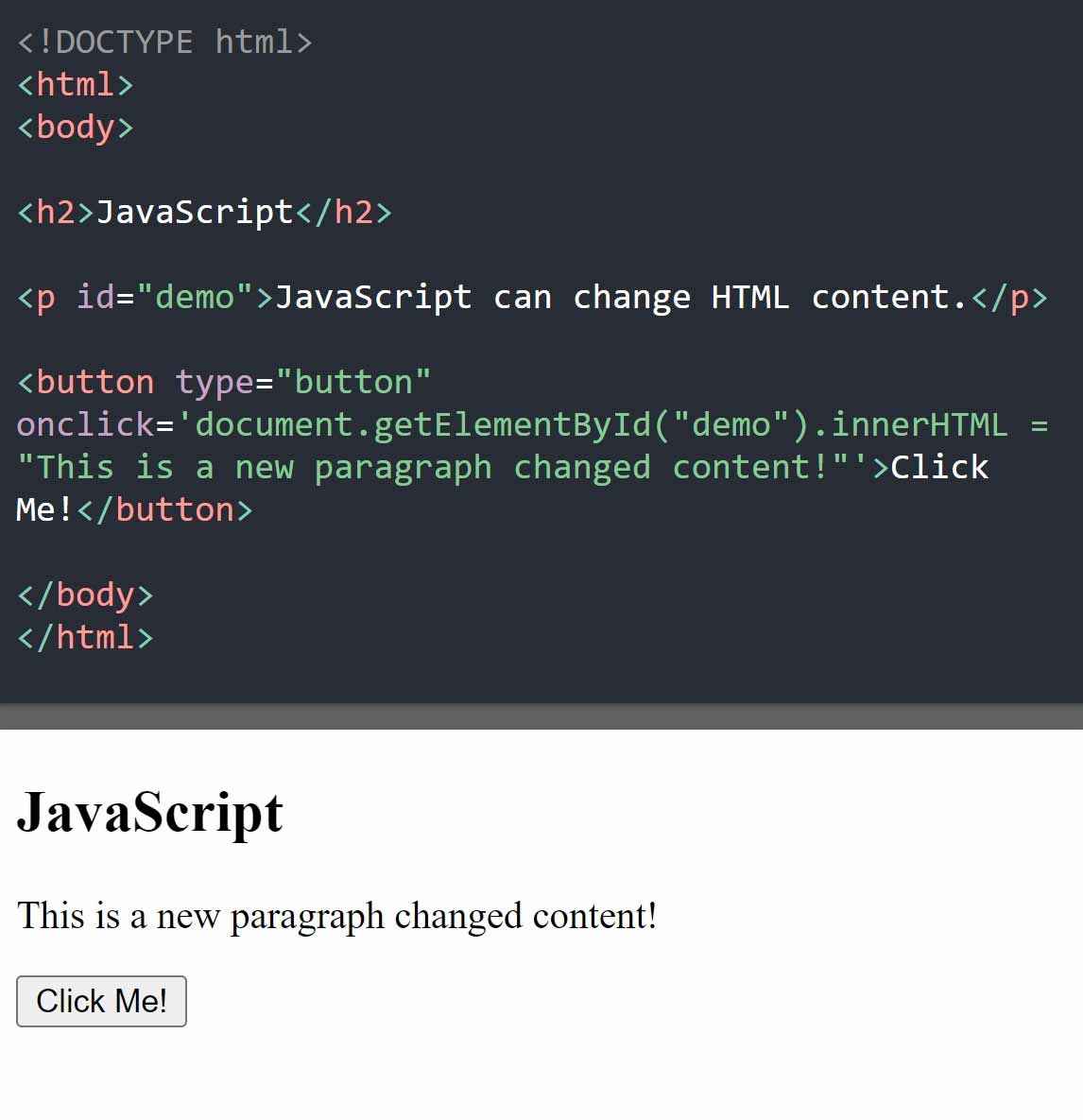 HTML code showing results with changed text when the button is clicked.